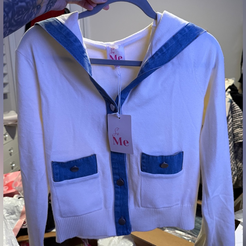 NWT So Me Sweater Cardigan fabric with denim trim detailing size Large